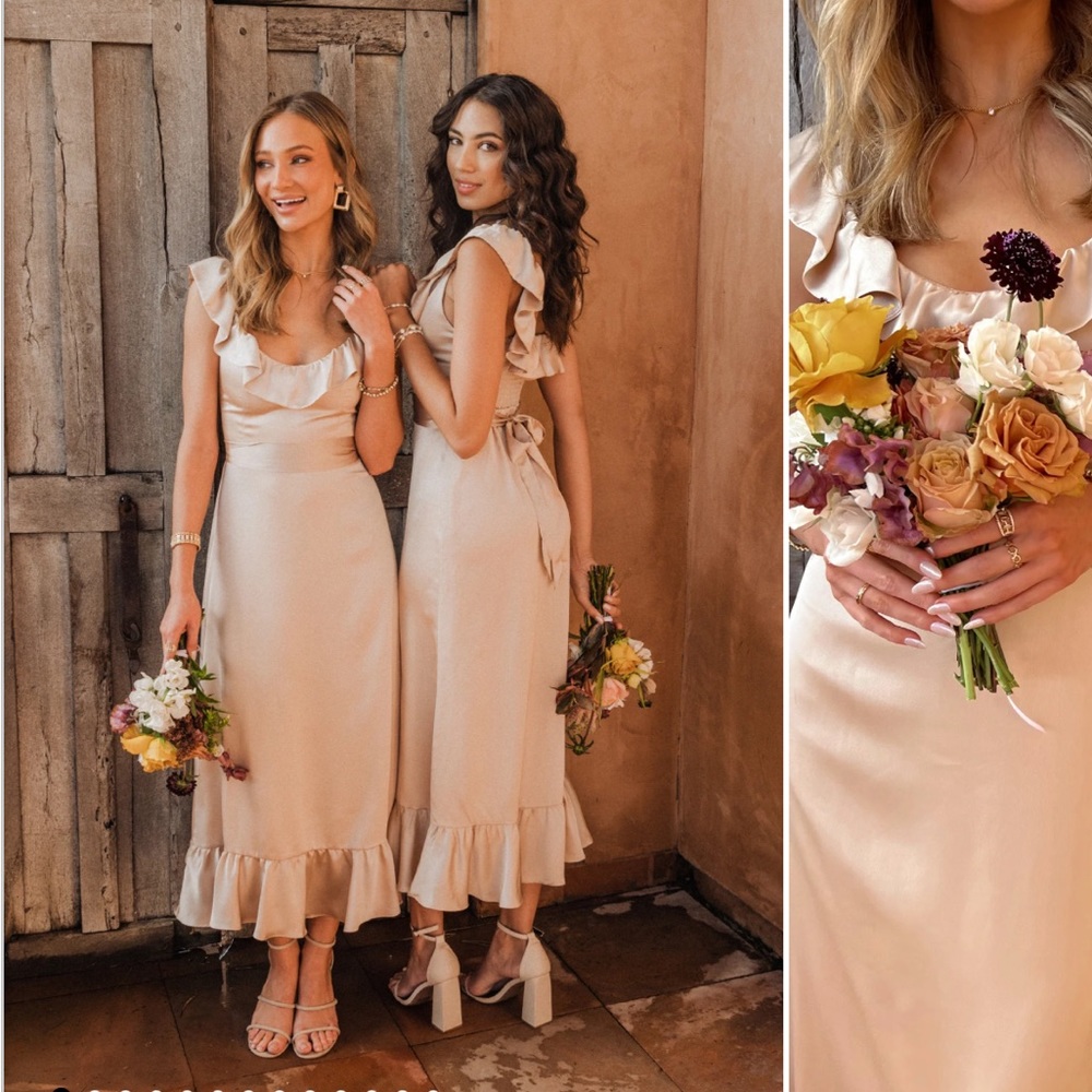 Show me your mumu Alexis midi dress in champagne satin